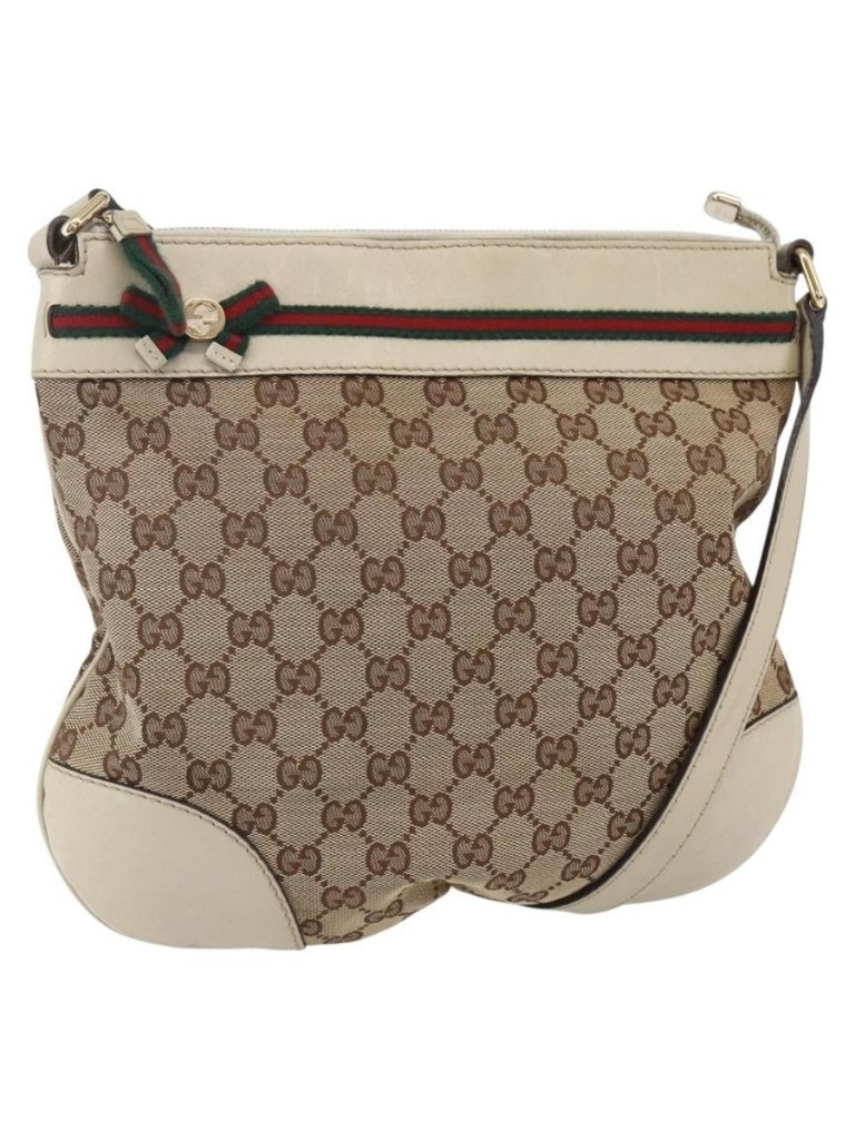 Authentic Gucci Gg Canvas Web Sherry Line Pretty Bag Beige Gold 257065